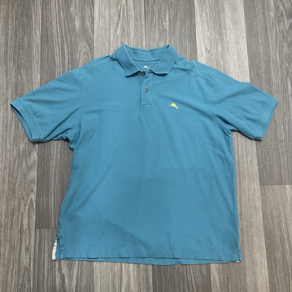 Tommy Bahama Men's Large Solid Blue Y2K Logo Embroidered Button Collared Polo